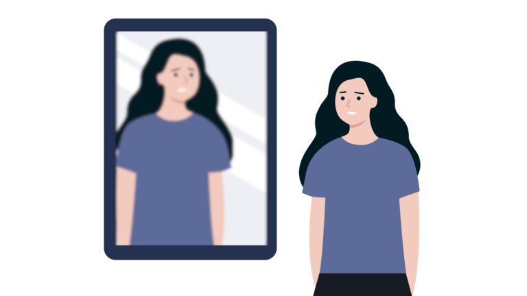 Eine Grafik von einer Frau, die lächelnd in den Spiegel schaut, ihr Spiegelbild ist jedoch ganz verschwommen. | © Stiftung MyHandicap / EnableMe