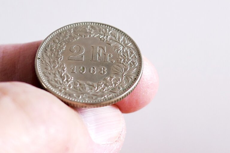 Zwei Franken Münze in der Hand eines Mannes, um Hilfsmittel zu bezahlen. | © Pixabay