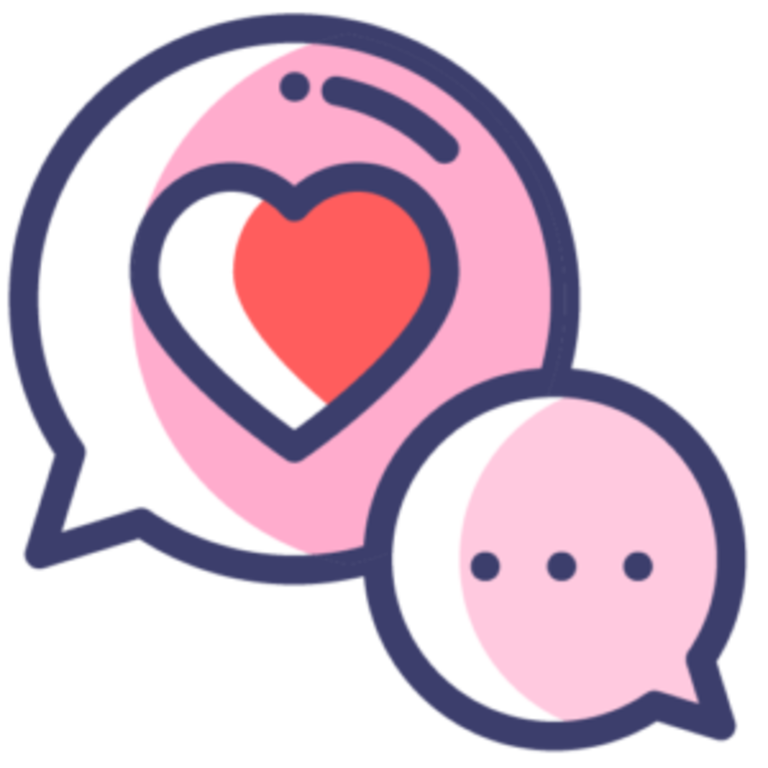 Icon von zwei Sprechblasen, wobei eine ein Herz zeigt und die andere drei Punkte. | © Dein Date