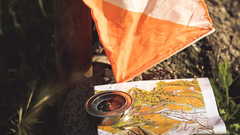 Landkarte und Kompass auf Baumstamm.  | © unsplash