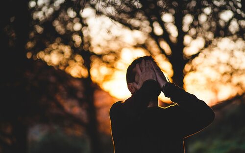 Ein Mann bedeckt sein Gesicht mit den Händen, er sieht sichtlich traurig aus. Im Hintergrund sieht man einen Wald. | © pixabay