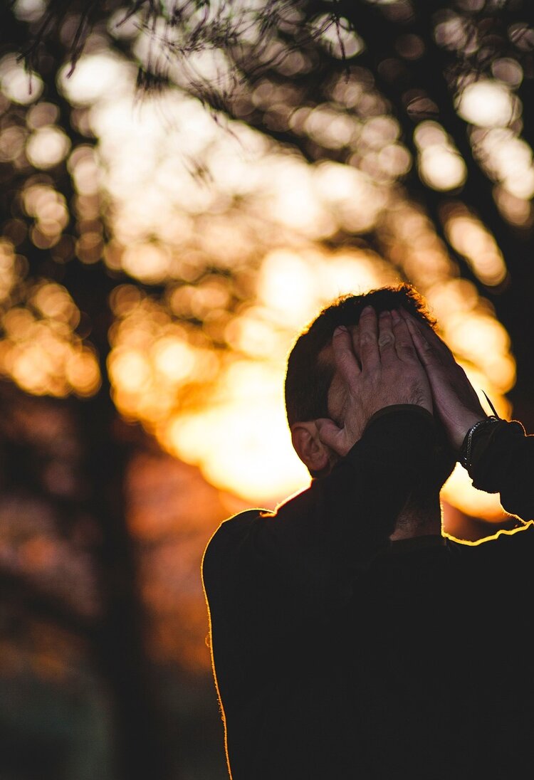 Ein Mann bedeckt sein Gesicht mit den Händen, er sieht sichtlich traurig aus. Im Hintergrund sieht man einen Wald. | © Pixabay