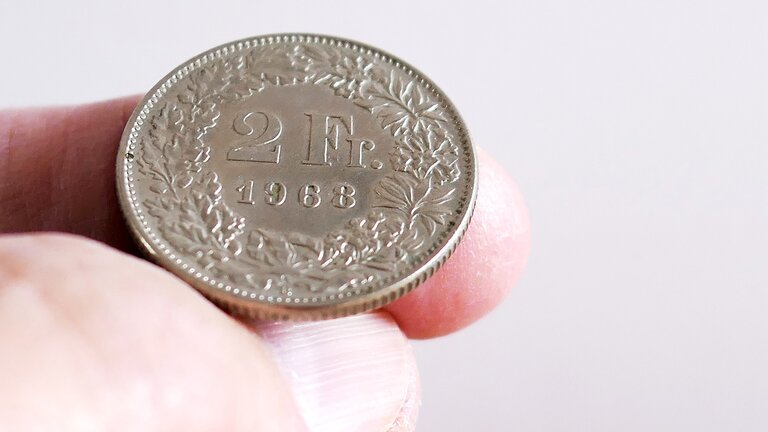 Une pièce de deux francs dans la main d'un homme pour payer les moyens auxiliaires. | © Pixabay