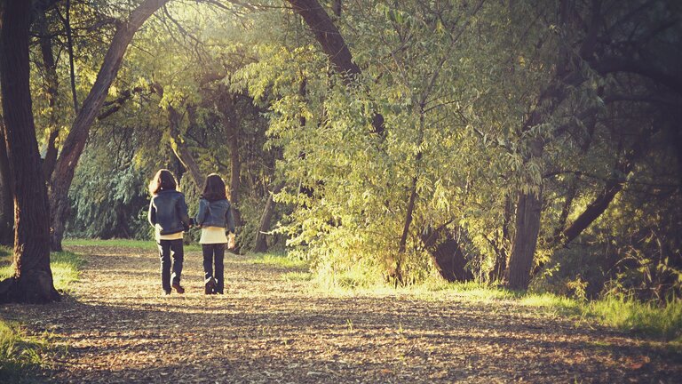 Zwei Mädchen laufen Hand in Hand durch den Wald. | © Pixabay