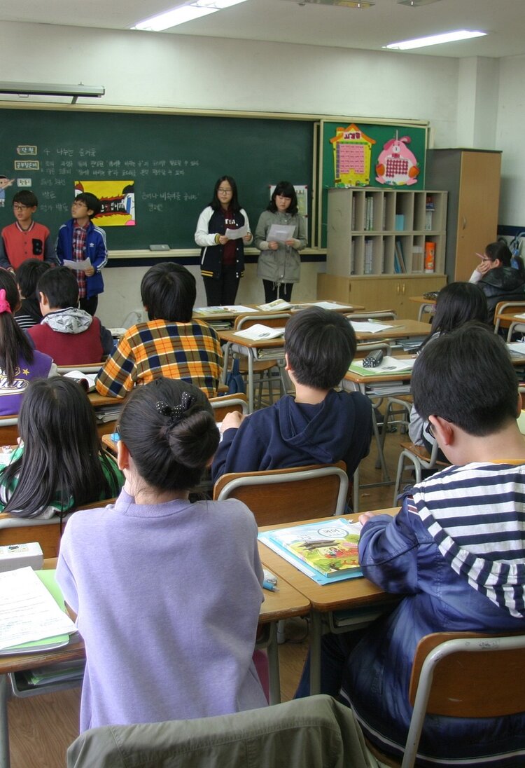 Eine Schulklasse, von hinten fotografiert, im Vordergrund stehen Lehrpersonen an einer Tafel. | © Pixabay