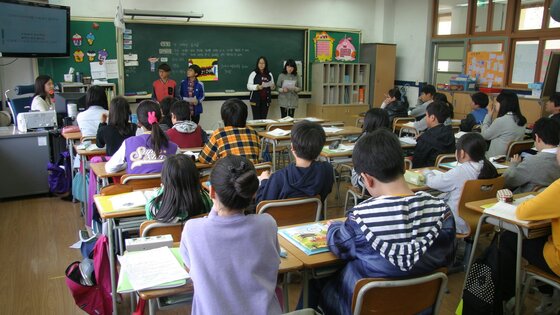 Eine Schulklasse, von hinten fotografiert, im Vordergrund stehen Lehrpersonen an einer Tafel. | © Pixabay