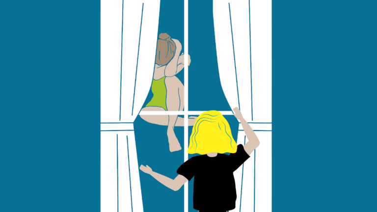 Grafik einer Person, die von aussen durch ein Fenster schaut. Drinnen sitzt eine Frau zusammengesunken auf dem Boden, sie sieht verzweifelt aus. | © EnableMe